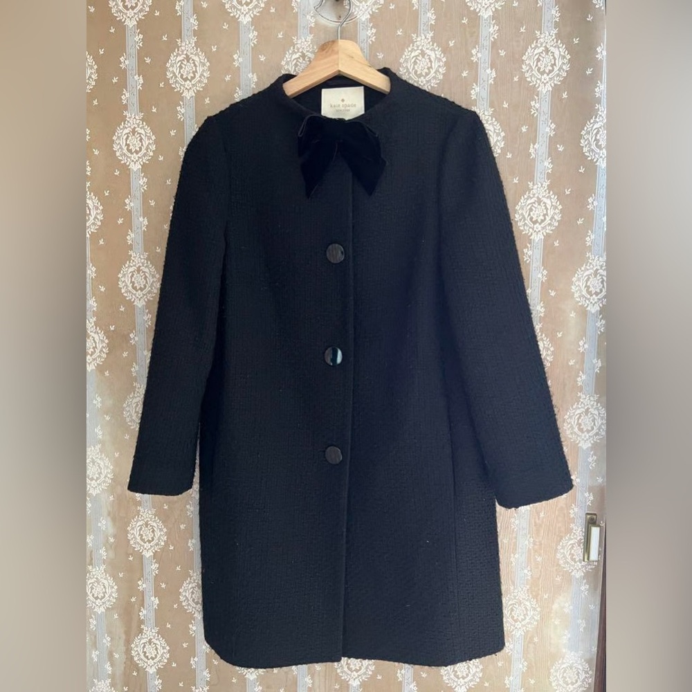 Kate Spade Black Tweed Coat with Velvet Bow Accent